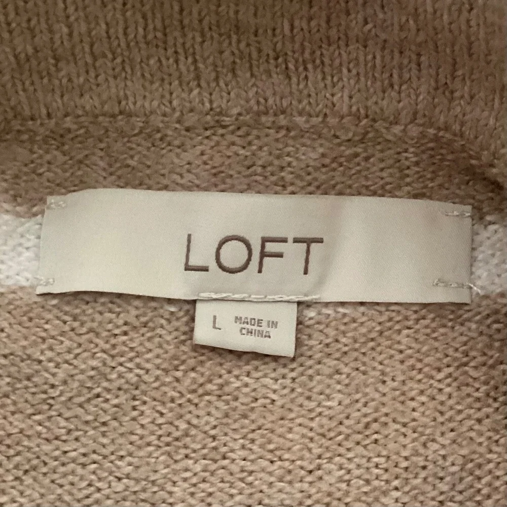 LOFT Womens Tan White Striped Funnel Neck Tunic Sweater Kangaroo Pocket Large